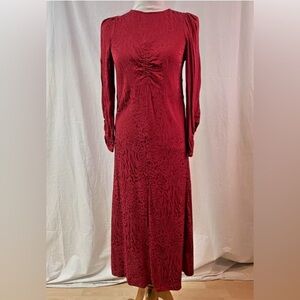 H&M Fitted Red dress Long Sleeve MIdi Red Damask Print Rucching Romantic size 6